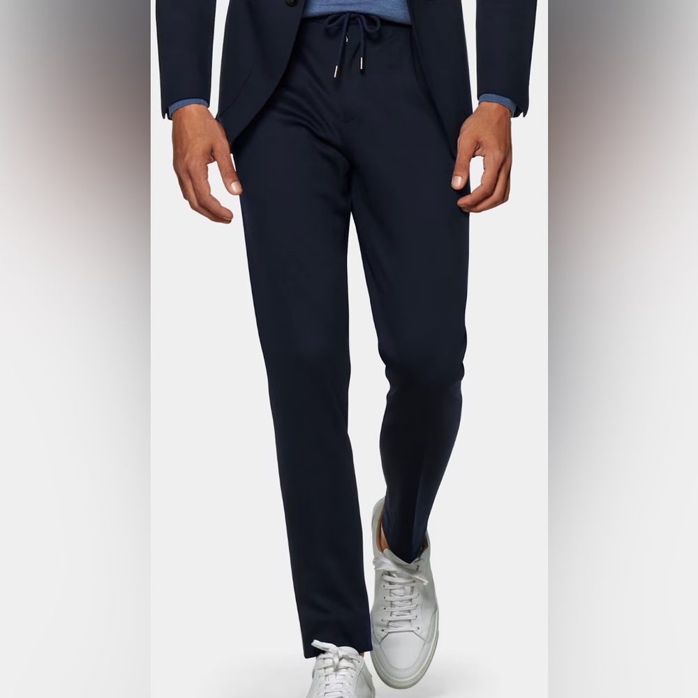 SUITSUPPLY Ames Pleated US34R Men's Navy Blue Wool S120s Drawstring Trousers